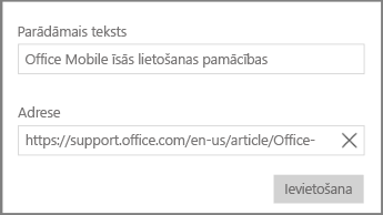 Ekrānuzņēmums ar dialoglodziņu hiperteksta saites pievienošanai programmā OneNote darbam ar Windows 10.
