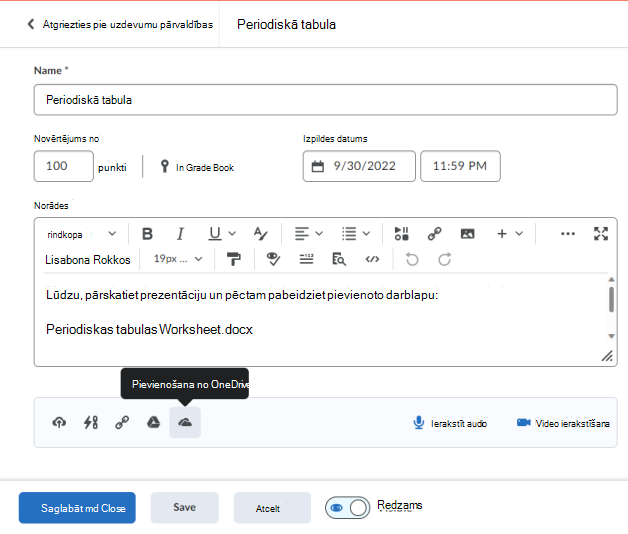 Pievienojiet OneDrive dokumentu spilgtās atstarpes uzdevumu redaktoram, izmantojot ātrās saites joslu.
