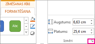 Dialoglodziņa ikona kontekstcilnes Zīmēšanas rīki cilnes Formatēšana grupā Izmēri