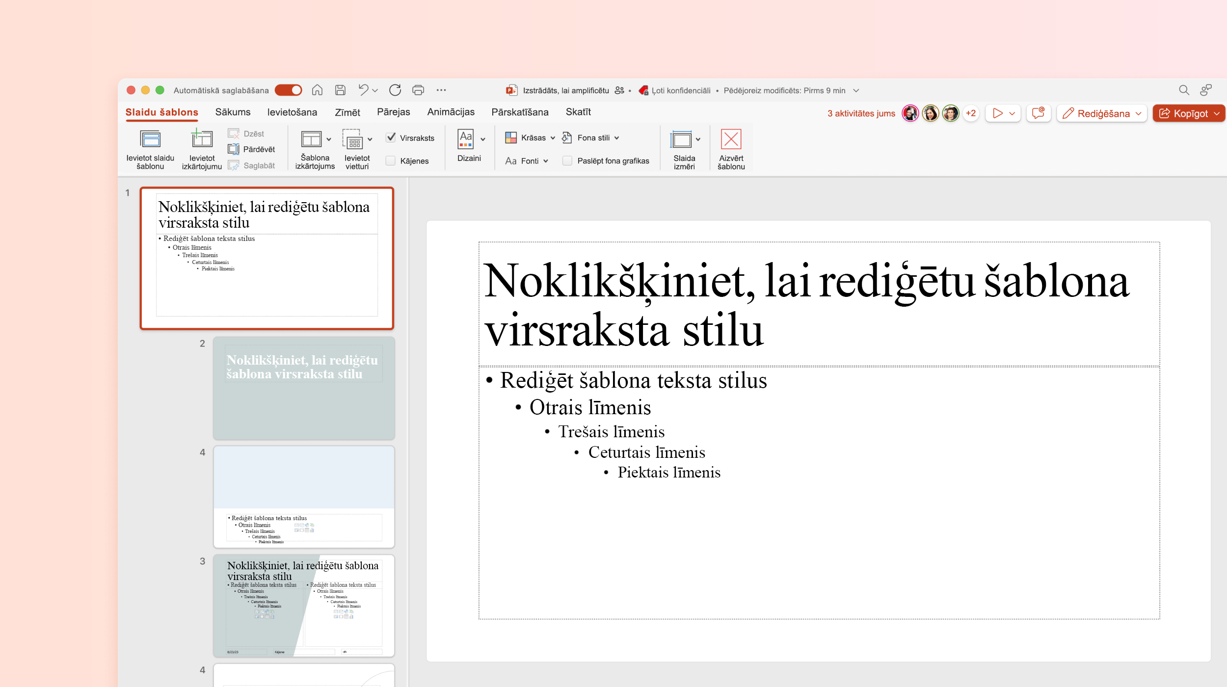 Ekrānuzņēmums, kurā redzams slaidu šablons PowerPoint veidnē.