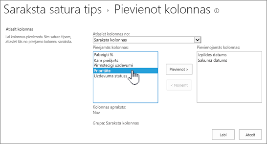 Kolonnu pievienošanas lapa, kurā iezīmēta pieejamā kolonna