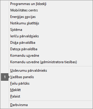 Opciju un komandu saraksts, kas redzams, kad nospiež Windows logotipa taustiņu un X