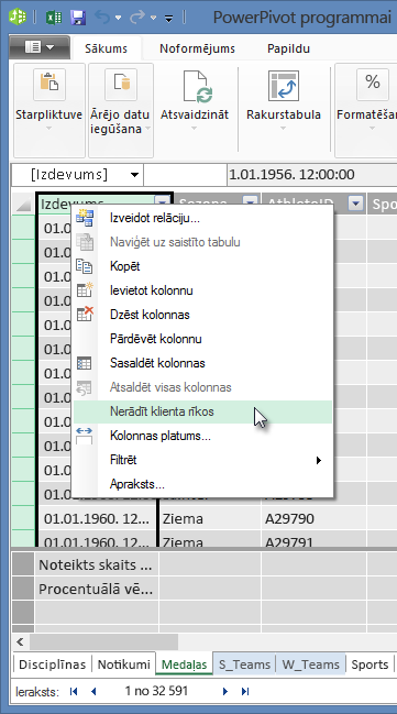 noklikšķiniet ar peles labo pogu, lai paslēptu tabulu laukus no Excel klienta rīkiem