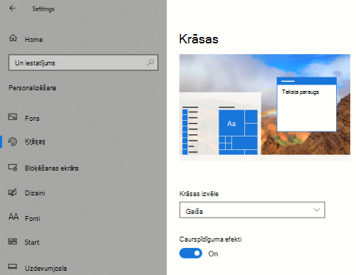 Windows caurspīdīguma opcija personalizēšanas iestatījumos.