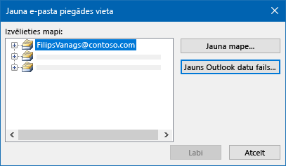 Outlook e-pasta piegādes vietas dialogs