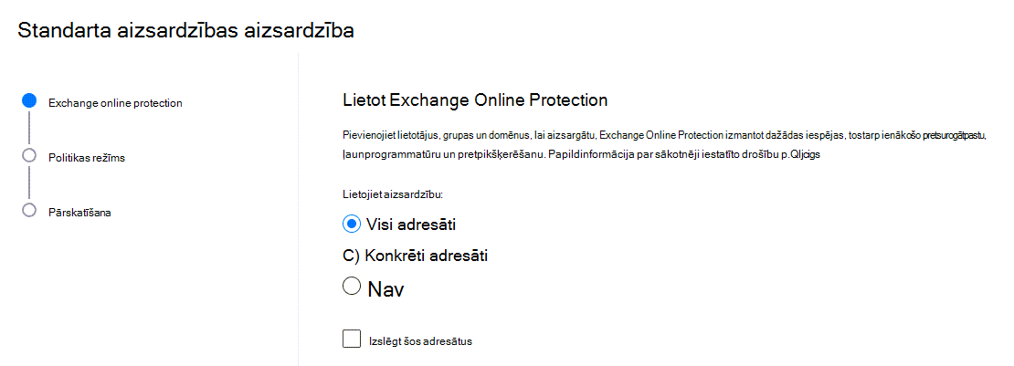 Standarta apply wizard showing the screen where you select which recipients to apply Exchange Online protection to.