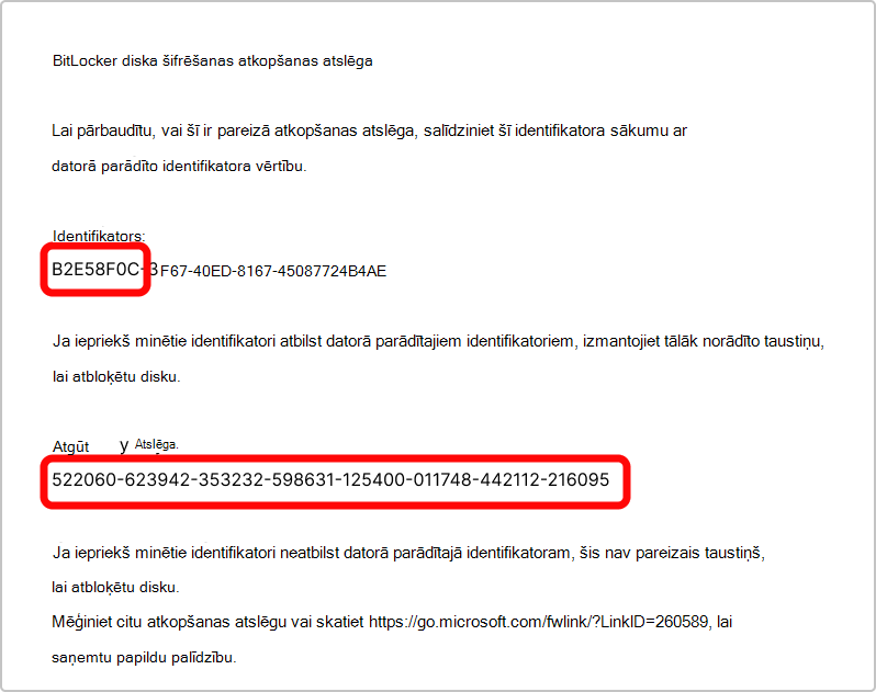 BitLocker atkopšanas atslēgas izdrukas ekrānuzņēmums.