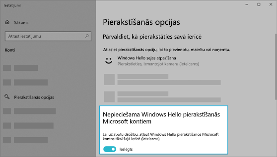 Opcija izmantot Windows Hello, lai pierakstītos Microsoft kontos, ir ieslēgta.