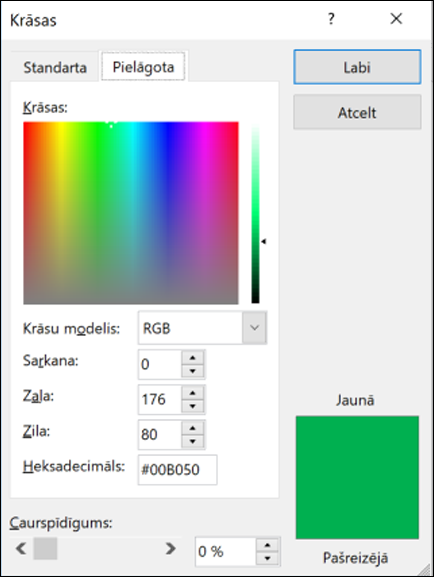 Krāsu atlasītājs Office programmās. Zem RGB laukiem ir jauns lauks, kur ievadīt Hex krāsas vērtību.