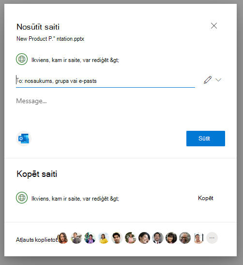 Ekrānuzņēmums ar Iestatījumi lapas Kopīgošana uznirstošajā logā OneDrive
