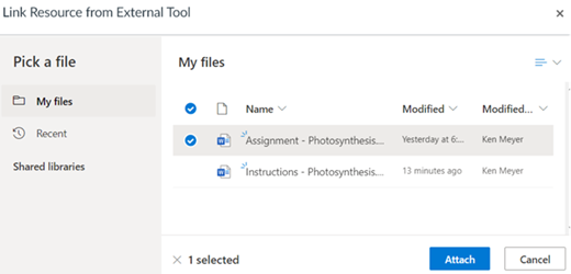 Linked resource from external tool pick a file to attach