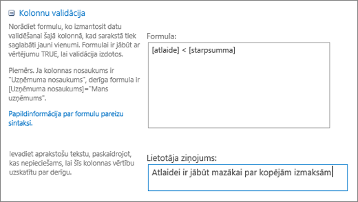 Column validation dialog with fields filled in with sample data