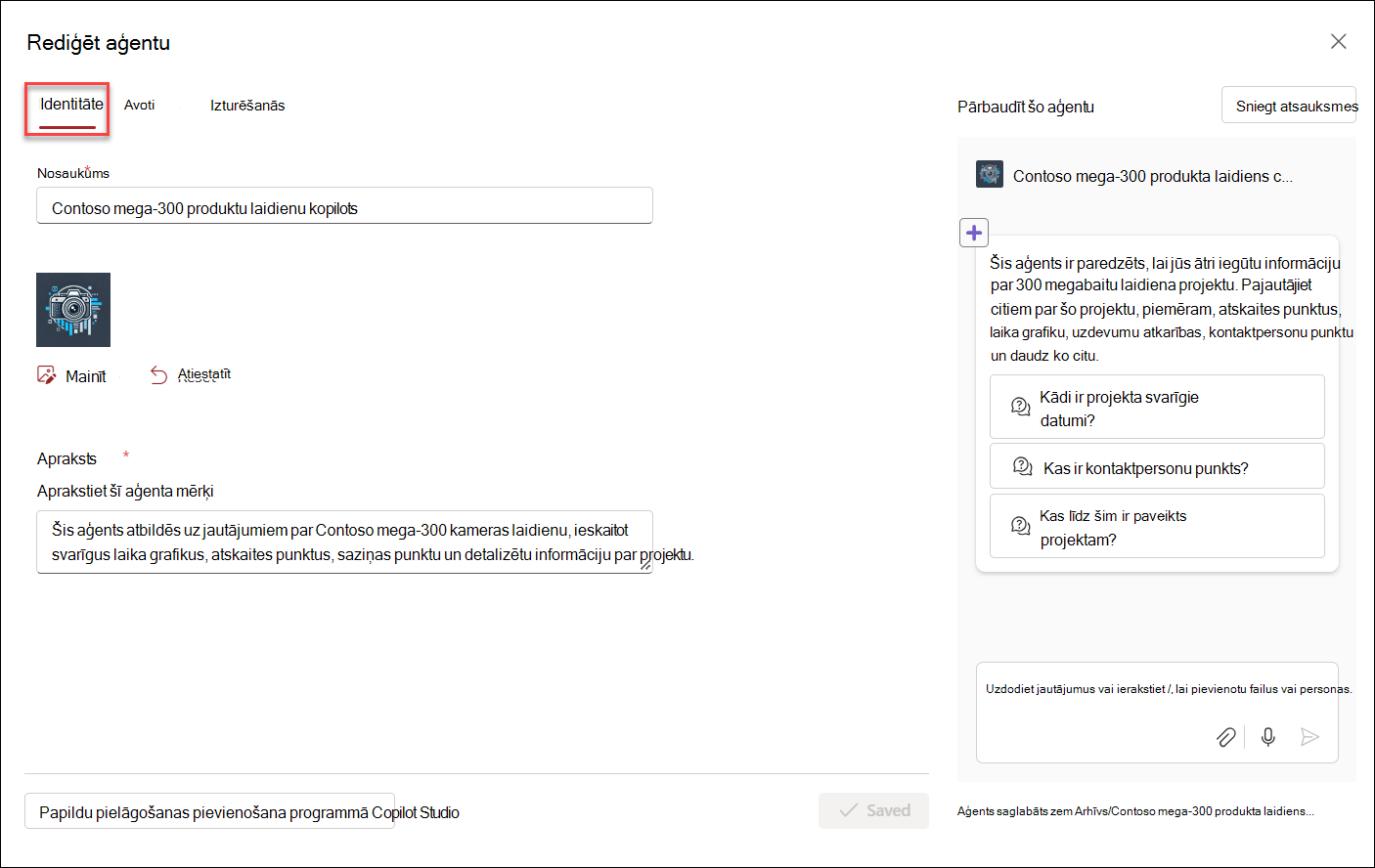 Ekrānuzņēmums, kurā redzams sākotnējais lietotāja interfeiss Copilot aģenta rediģēšanai