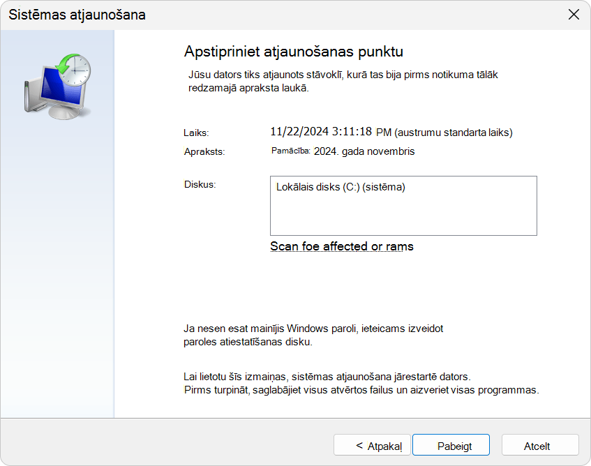 Ekrānuzņēmums ar sistēmas atjaunošanu.