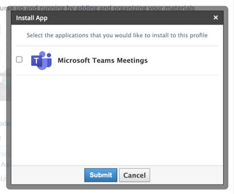 Mācību kursa ekrānuzņēmums, kurā iezīmēta programmas instalēšanas modālā izvēlne, kurā redzama opcija Microsoft Teams sapulces.