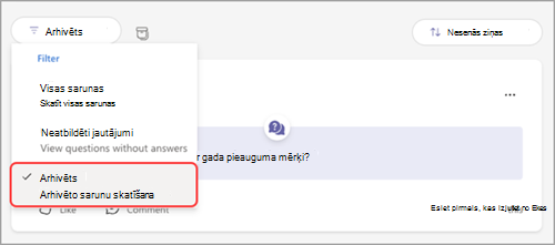 Ekrānuzņēmums ar jautājumu&filtra nolaižamo izvēlni, kurā iezīmēts arhivēts.