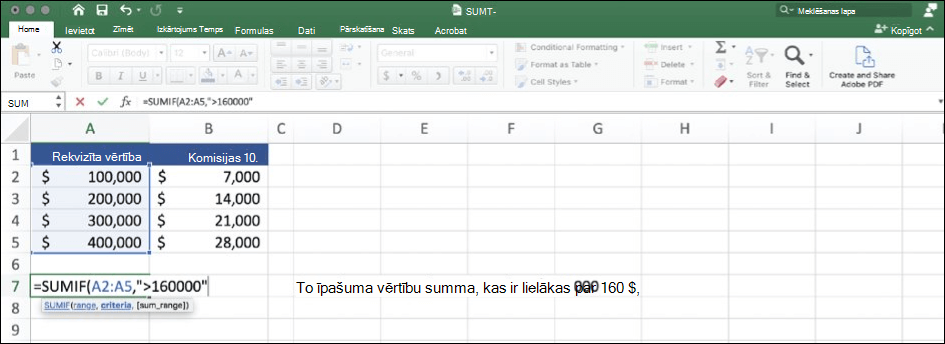 Ekrānuzņēmums ar Excel datiem, izmantojot funkciju SUMIF