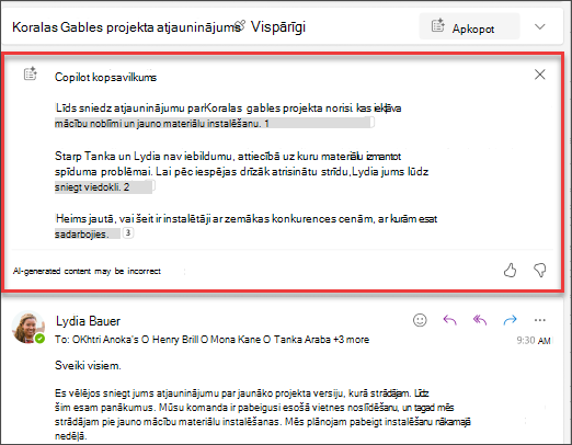 E-pasta pavediena kopsavilkums ar Copilot izveidotām atsaucēm.