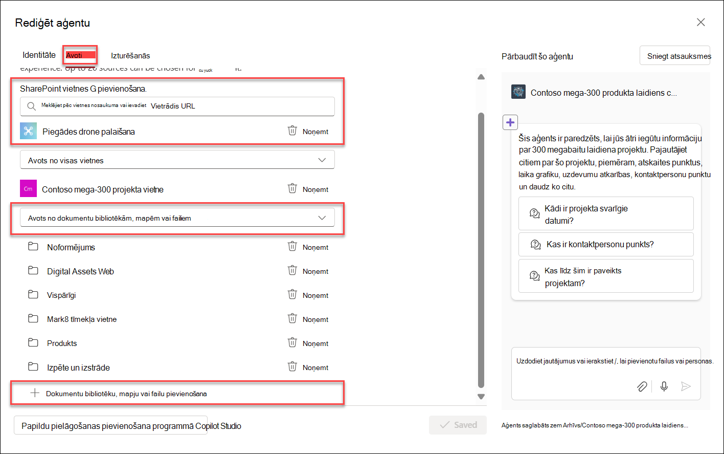 Ekrānuzņēmums, kurā redzama zināšanu resursu pievienošana Copilot aģentam