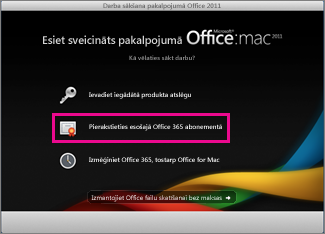 Office for Mac instalēšanas sākumlapa, kurā varat pierakstīties esošā Office 365 abonementā.