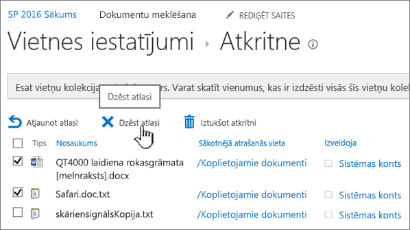 SharePoint 2016 atkritnes poga Dzēst