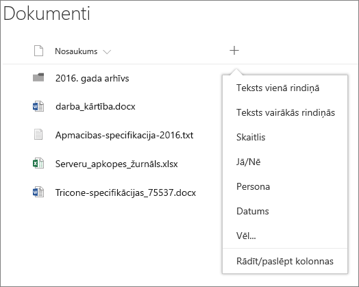 Kolonnas nolaižamās izvēlnes pievienošana ar grupu saistītā dokumentu bibliotēkā