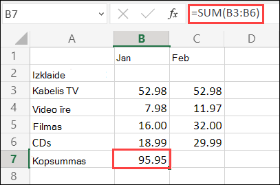 Excel automātiskās um formulas izveide