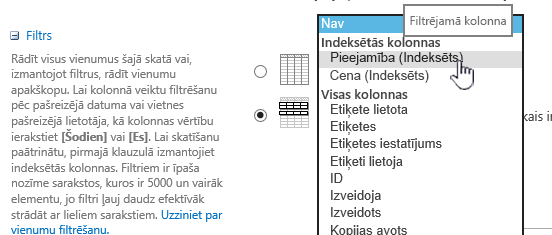 Pakalpojumā SharePoint Online izvēlieties indeksētu lauku