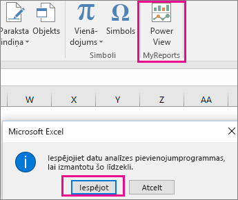 Pielāgota rakursa skata poga un pievienojumprogrammas ieslēgšanas dialogs programmā Excel