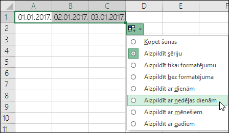 Aizpildīšanas tura izmantošana, lai izveidotu secīgu datumu sarakstu