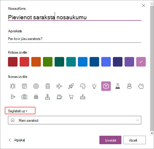 Ekrānuzņēmums ar SharePoint sarakstu pielāgošanas opcijām.