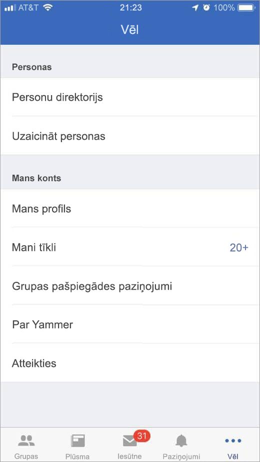 iOS Yammer lapu, kurā ir norādītas papildu opcijas