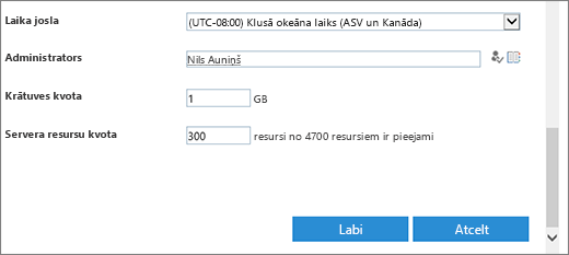 Jauns vietņu kolekcijas dialogs ar sadaļu laika josla un kvotas.