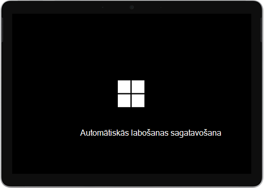 Melns ekrāns ar Windows logotipu un tekstu "Notiek automātiskās labošanas sagatavošana".