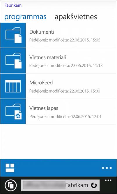 Ekrānuzņēmums, kurā redzams SharePoint Server 2016 vietnes mobilais skats