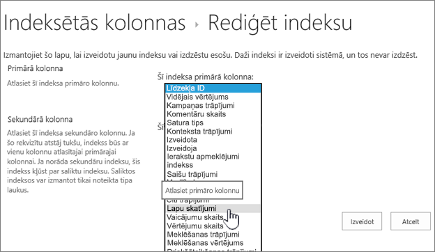 Alfabētiskā rādītāja lapas rediģēšana ar atlasītu kolonnu nolaižamajā lodziņā