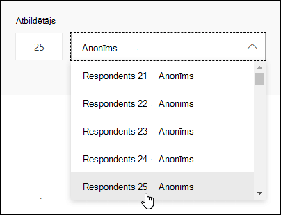 Ievadiet konkrētu numuru respondenta meklēšanas lodziņā, lai skatītu detalizētu informāciju par šīs personas atbildi respondenta Microsoft Forms