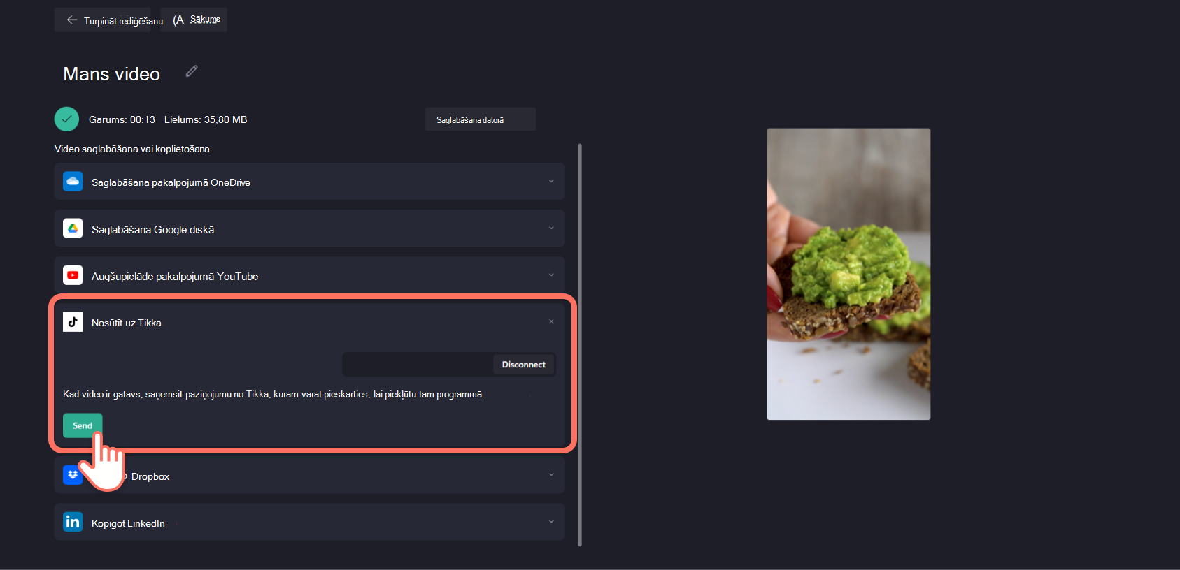 Ekrānuzņēmums ar attēlu Clipchamp pēc TikToka pievienošanas noklikšķinot uz pogas Sūtīt.