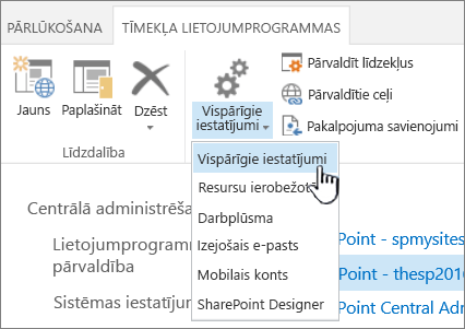 Manage section of ribbon with General settings selected