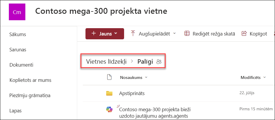 Ekrānuzņēmums, kurā redzama Copilot aģentu saglabāšanas vieta, ja tie tiek izveidoti no sākumlapas