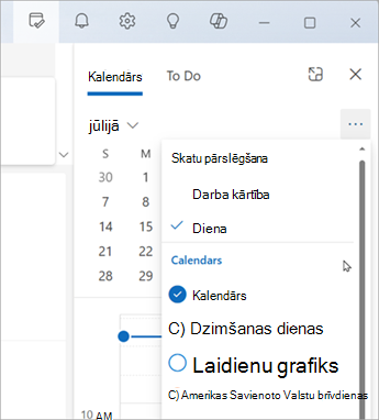 Atlasiet Pārslēgt skatus, lai parādītu dienas kārtības skatu vai dienas skatu. Šeit varat arī izvēlēties, kurus kalendārus rādīt.