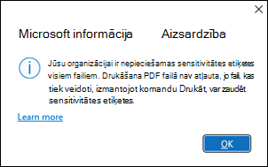 Kļūda "Microsoft info protection PDF not allowed" (Microsoft informācijas aizsardzības PDF fails nav atļauts)