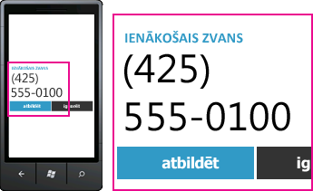 Ekrānuzņēmums, kurā Lync mobilajā klientā redzams ienākošā zvana tālruņa numurs un atbildes poga