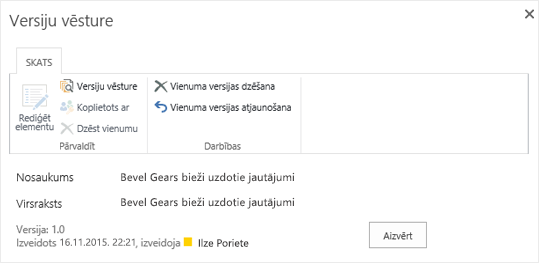SharePoint 2016 history dialog box showing previous version