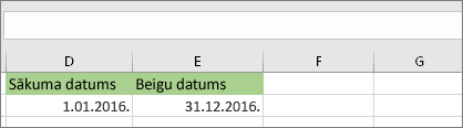 Sākuma datums šūnā D53 ir 01.01.2016., beigu datums ir šūnā E53 ir 31.12.2016.