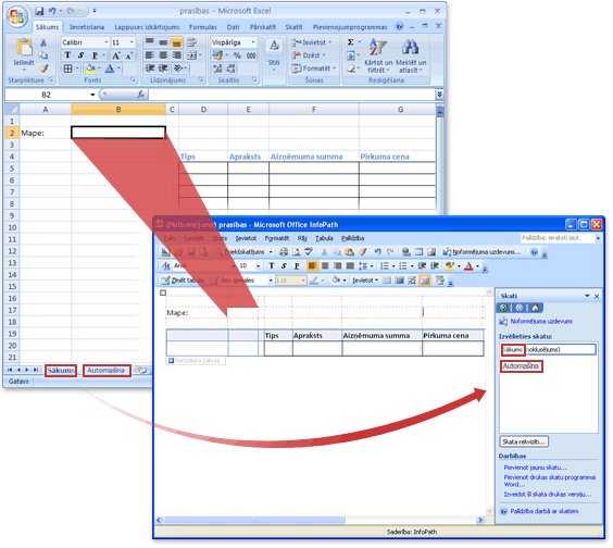 Excel darbgrāmata, kas atrodas pirms un pēc tās, tiek konvertēta par InfoPath veidlapas veidni.