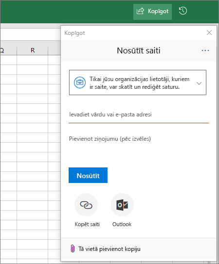 Koplietošanas ikona un dialoglodziņš programmā Excel