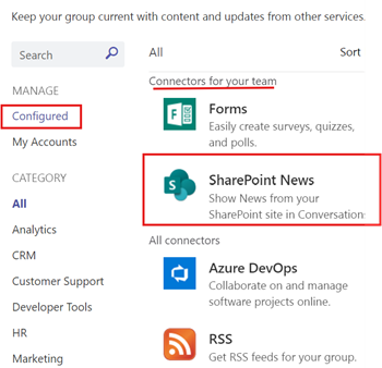 Tiek rādītas SharePoint ziņas, kas konfigurētas grupu kanālam