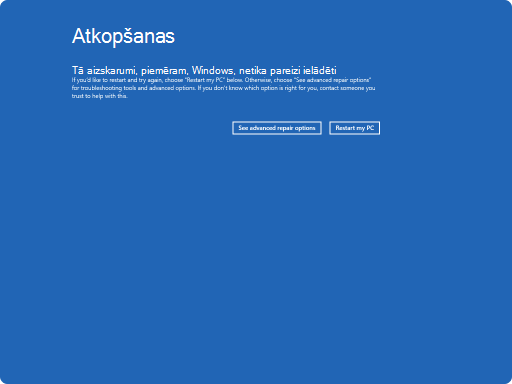 Windows RE atkopšanas ekrāna ekrānuzņēmums.