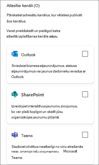Sānu paneļa ekrānuzņēmums, kurā redzamas Outlook, SharePoint un Teams izvēles rūtiņas.